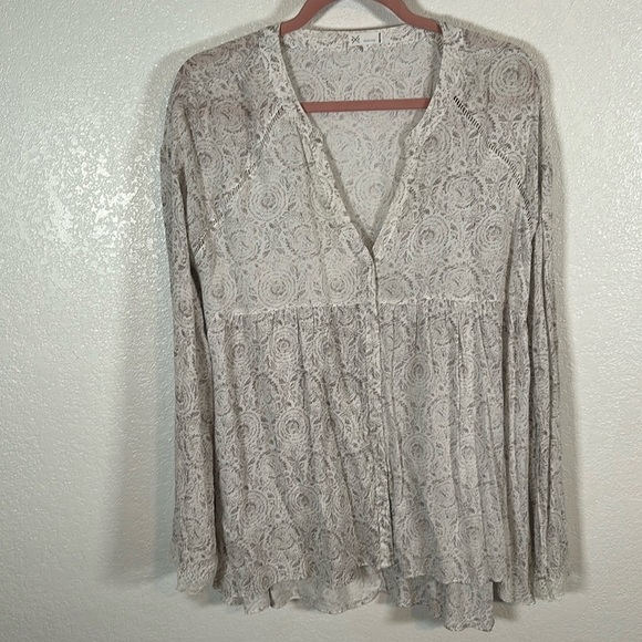 GxF Boho Babydoll Blouse Lace Trimmed Sleeves Size Medium - Picture 1 of 8
